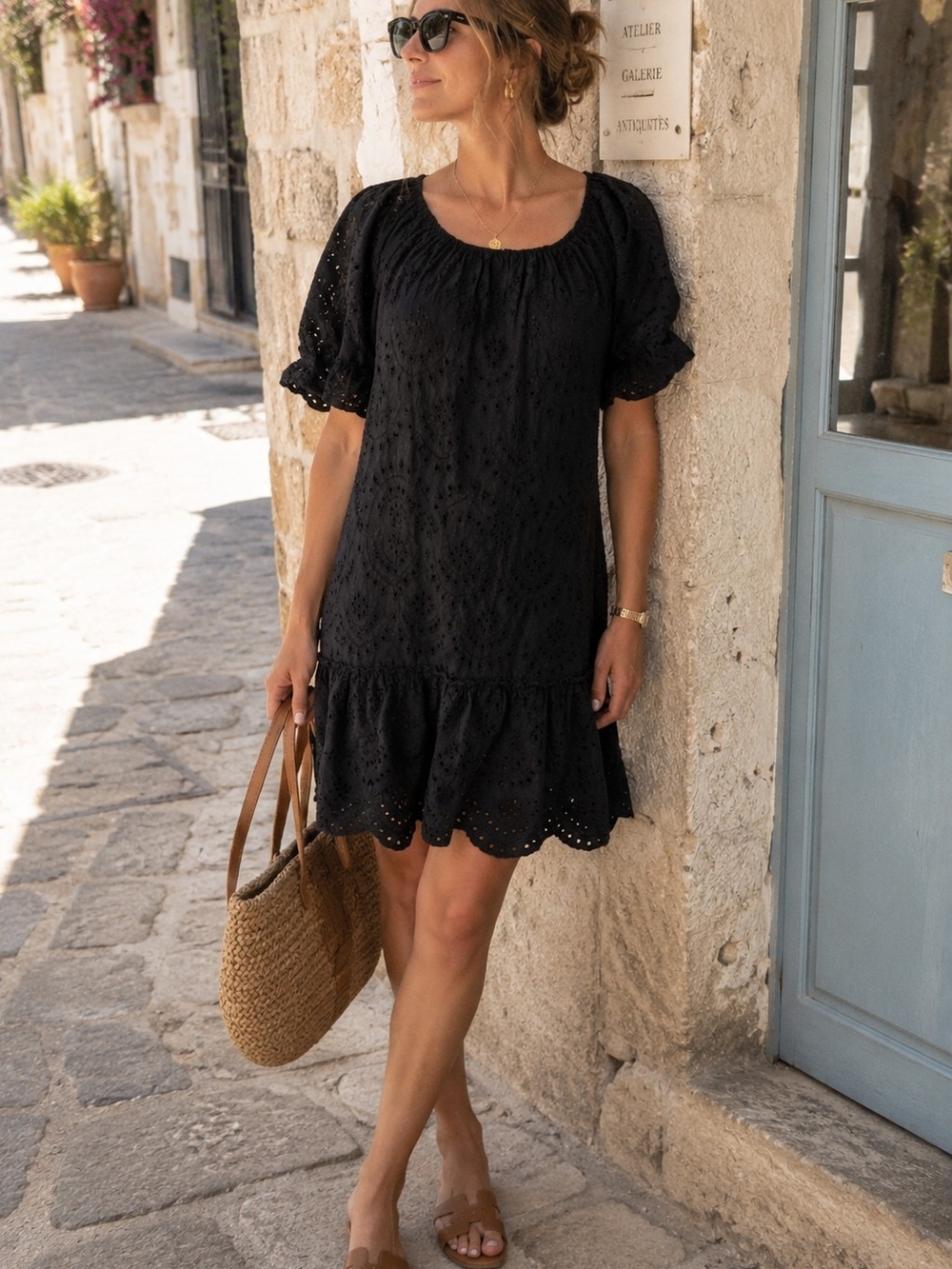 Valentina Naldi Italy Black Eyelet Cotton Boho Dress Lagenlook Ruffle M